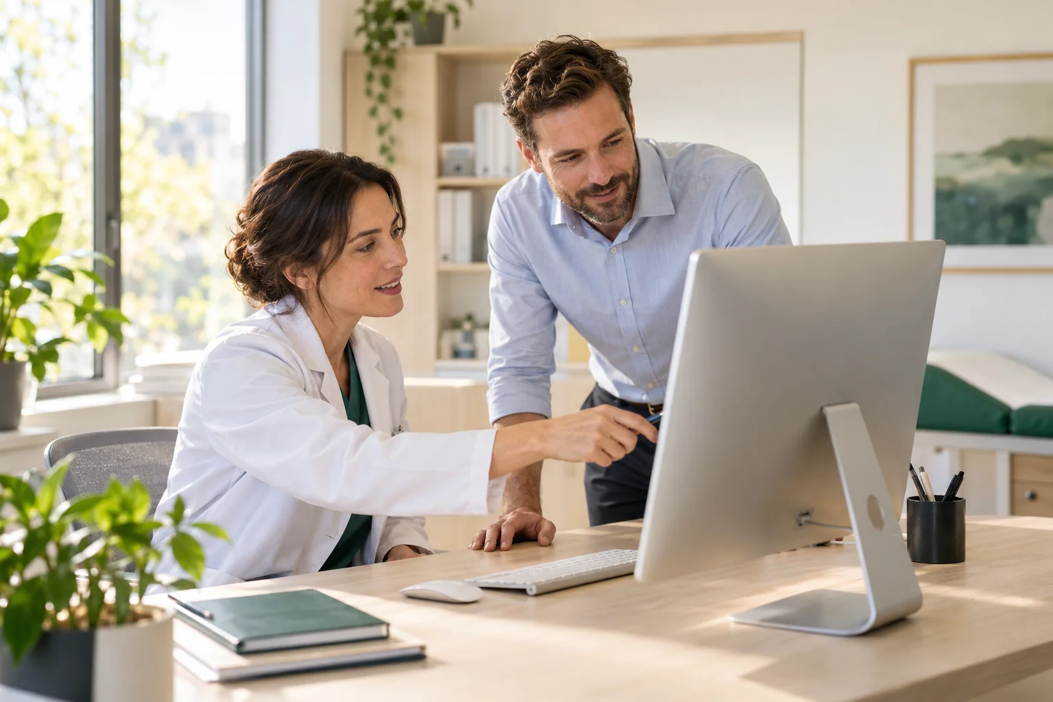 Healthcare practitioner and practice colleague collaborating in a bright modern clinic